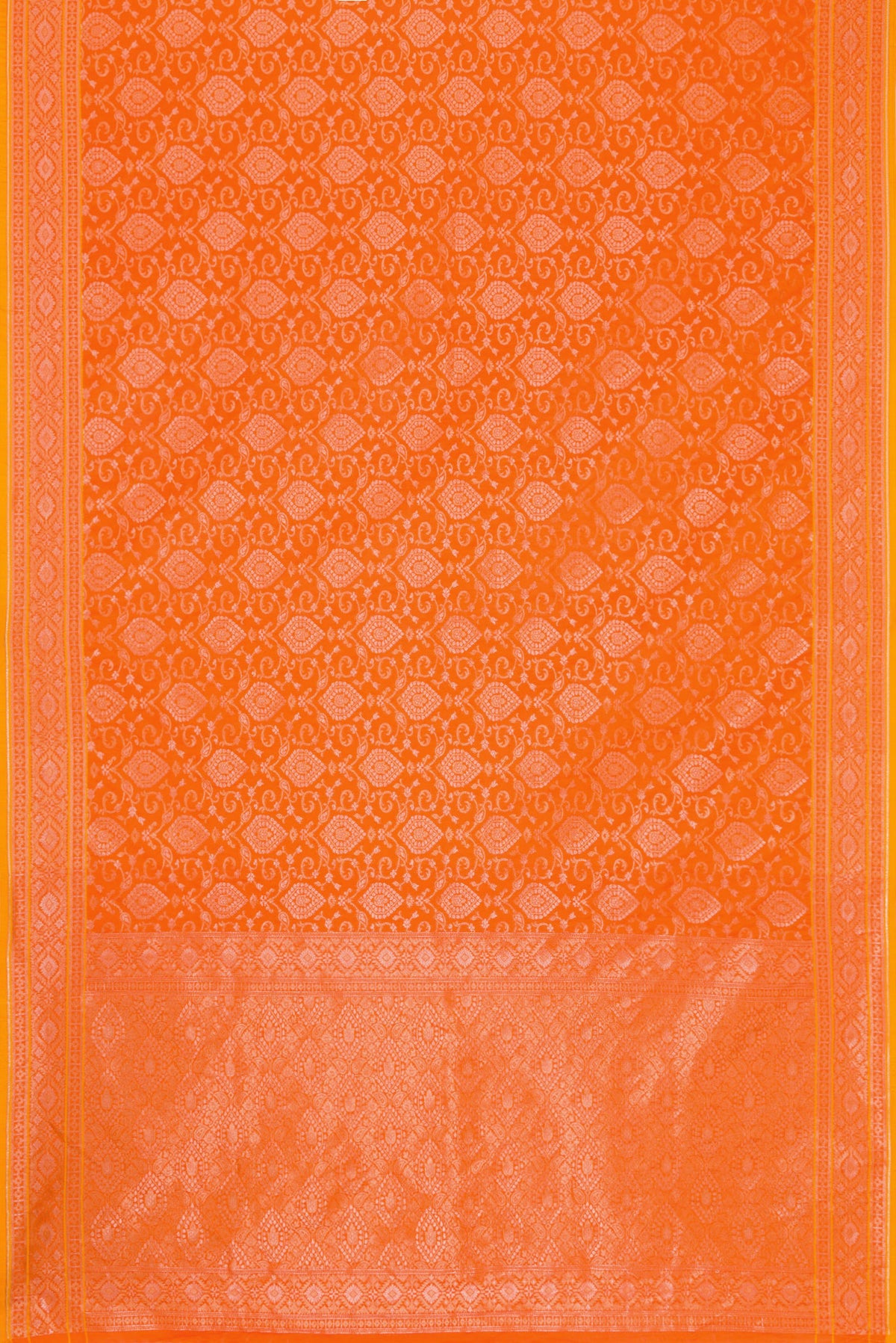 Flat view of Orange Dual Tone Blended Banarasi Silk Saree with Zari Brocade on the body and Zari Border. 