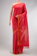 Red Dual Tone Blended Banarasi Silk Saree with Zari Brocade on the body and Zari Border.  displayed on a mannequin