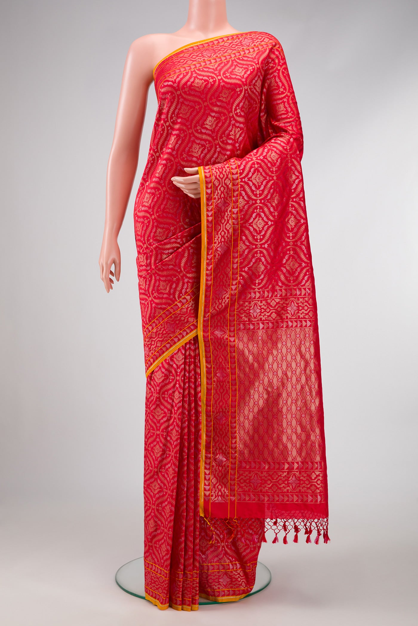 Red Dual Tone Blended Banarasi Silk Saree with Zari Brocade on the body and Zari Border.  displayed on a mannequin