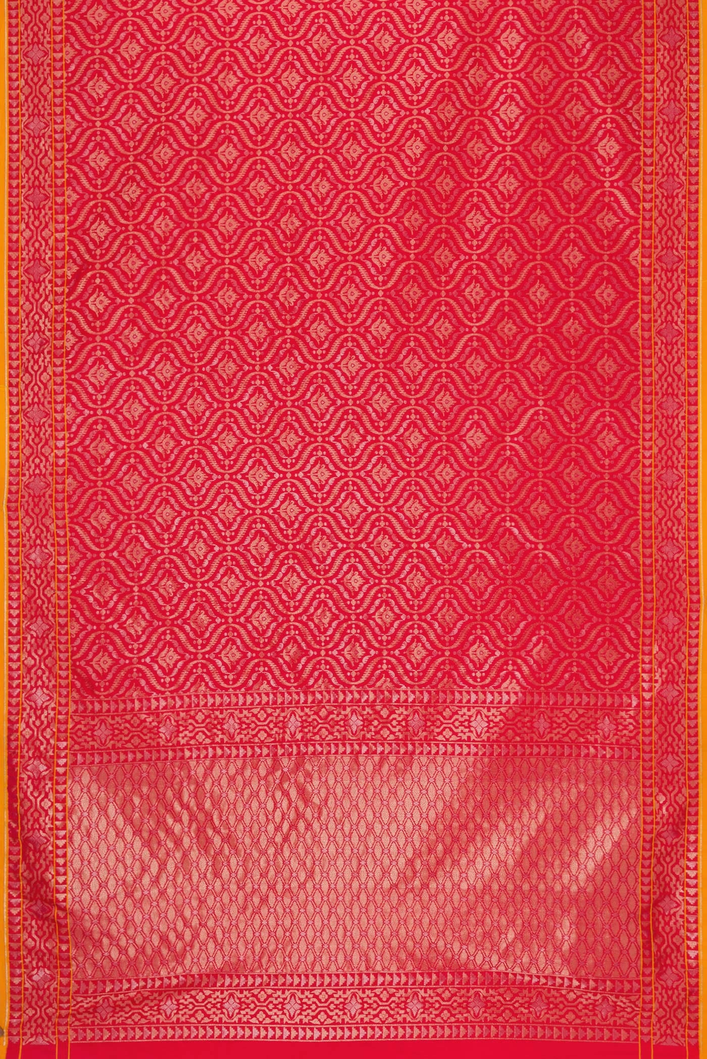 Flat view of Red Dual Tone Blended Banarasi Silk Saree with Zari Brocade on the body and Zari Border. 