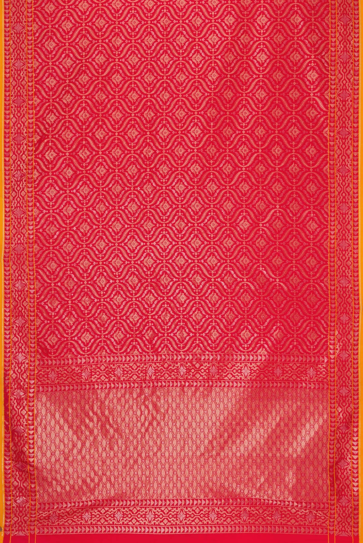 Flat view of Red Dual Tone Blended Banarasi Silk Saree with Zari Brocade on the body and Zari Border. 