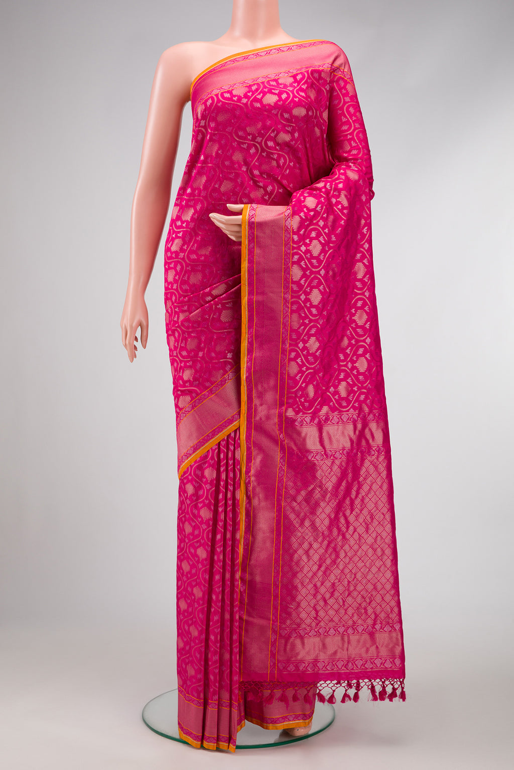 Dark Pink Dual Tone Blended Banarasi Silk Saree with Zari Brocade on the body and Zari Border.  displayed on a mannequin
