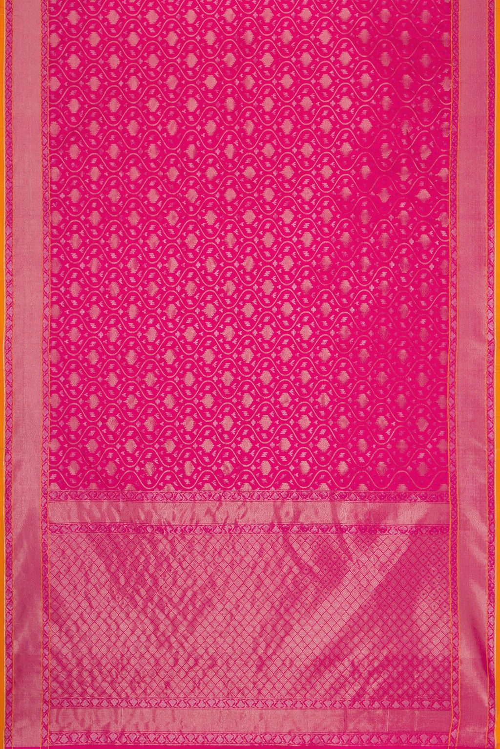 Flat view of Dark Pink Dual Tone Blended Banarasi Silk Saree with Zari Brocade on the body and Zari Border. 
