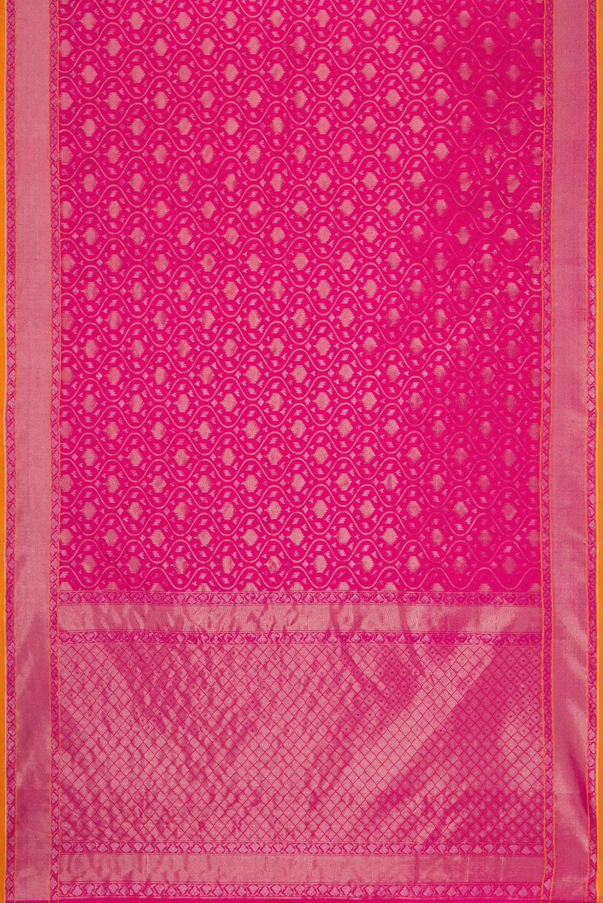 Flat view of Dark Pink Dual Tone Blended Banarasi Silk Saree with Zari Brocade on the body and Zari Border. 