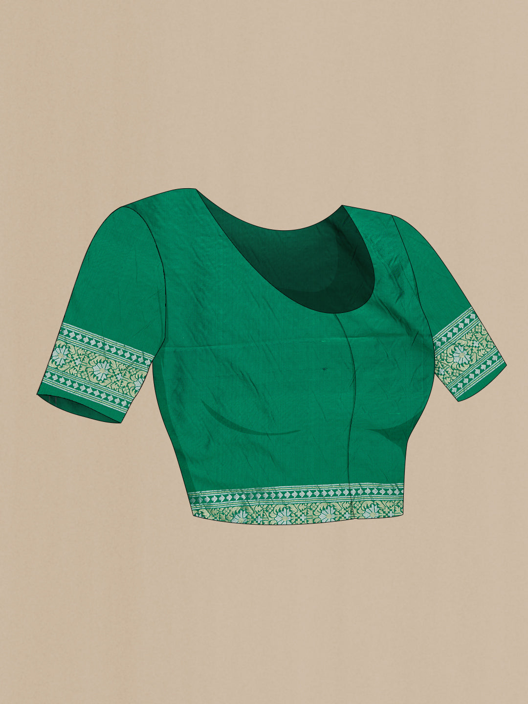 Close up image of the blouse of Green Dual Tone Blended Banarasi Silk Saree with Zari Brocade on the body and Zari Border. 