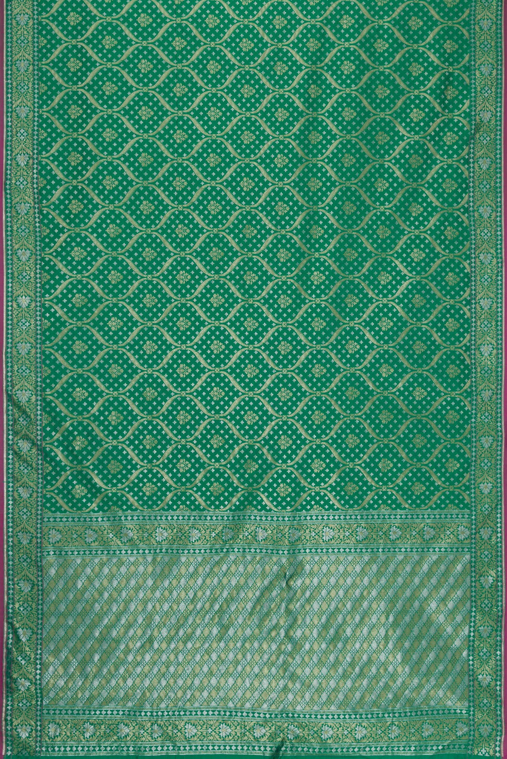 Flat view of Green Dual Tone Blended Banarasi Silk Saree with Zari Brocade on the body and Zari Border. 