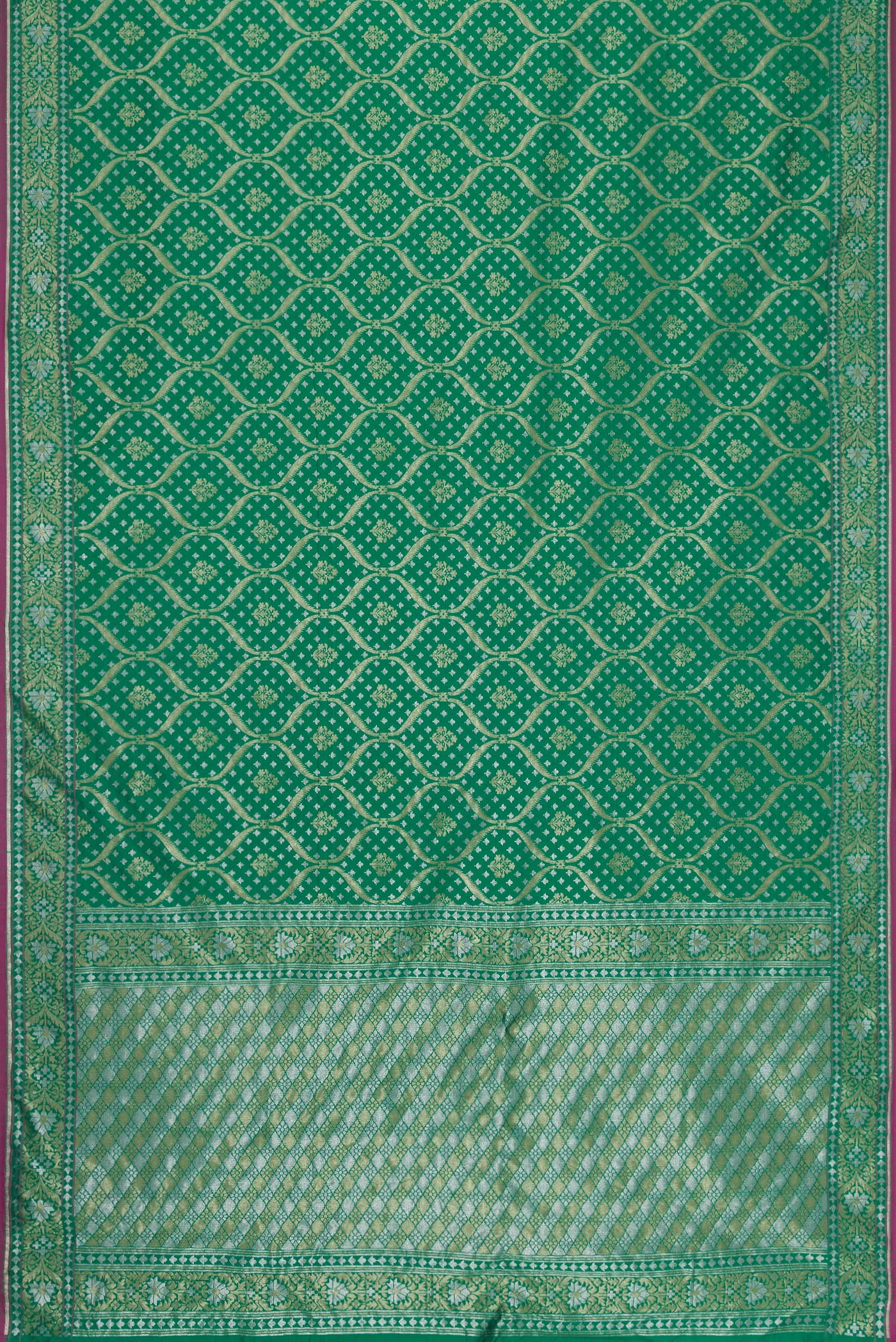 Flat view of Green Dual Tone Blended Banarasi Silk Saree with Zari Brocade on the body and Zari Border. 