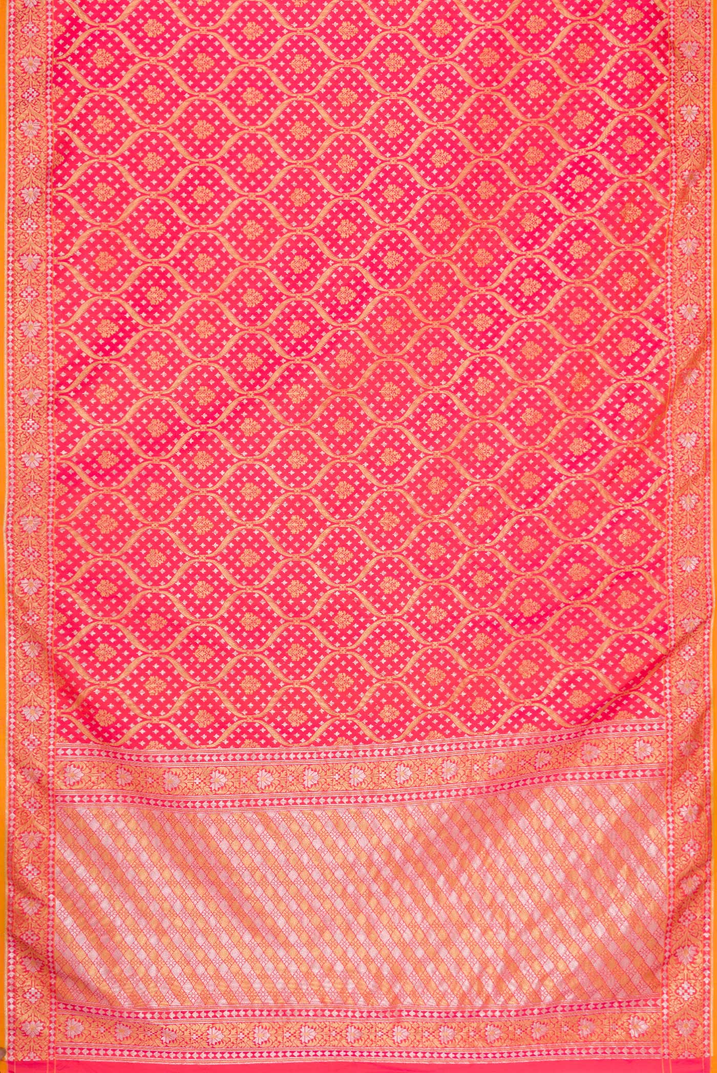 Flat view of Pink Dual Tone Blended Banarasi Silk Saree with Zari Brocade on the body and Zari Border. 