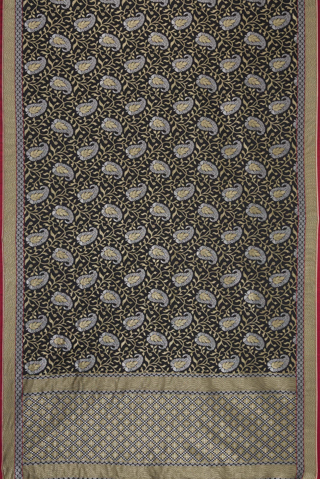 Flat view of Black Dual Tone Blended Banarasi Silk Saree with Zari Brocade on the body and Zari Border. 