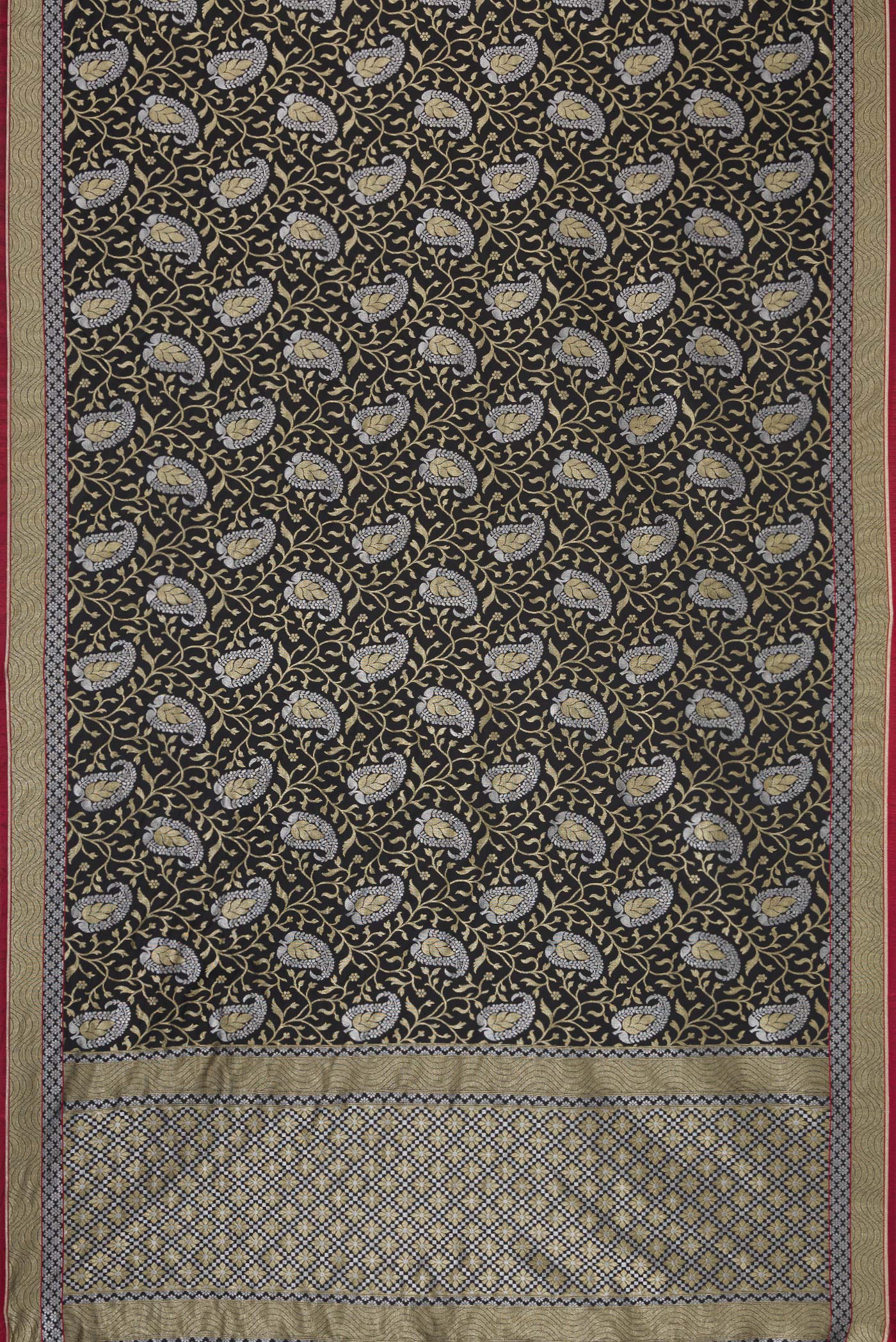 Flat view of Black Dual Tone Blended Banarasi Silk Saree with Zari Brocade on the body and Zari Border. 