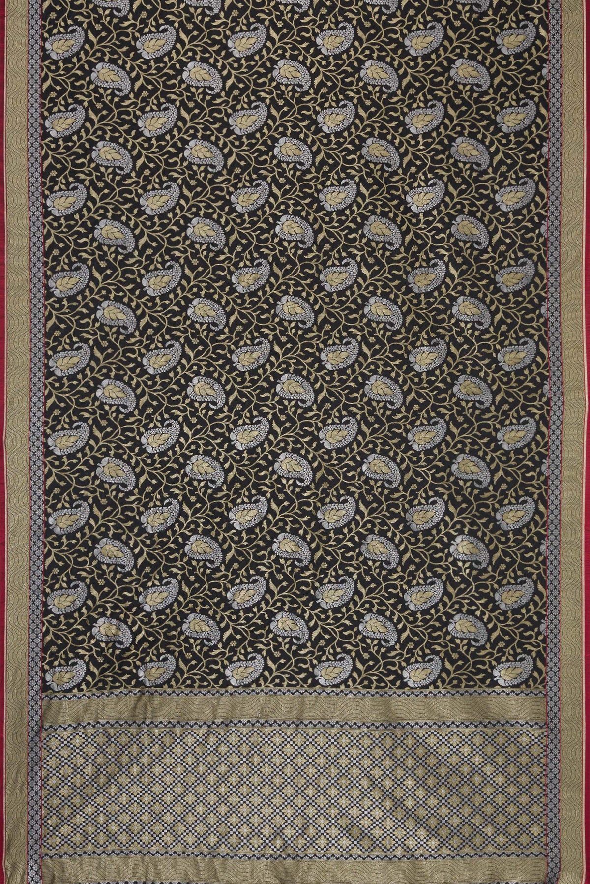 Flat view of Black Dual Tone Blended Banarasi Silk Saree with Zari Brocade on the body and Zari Border. 