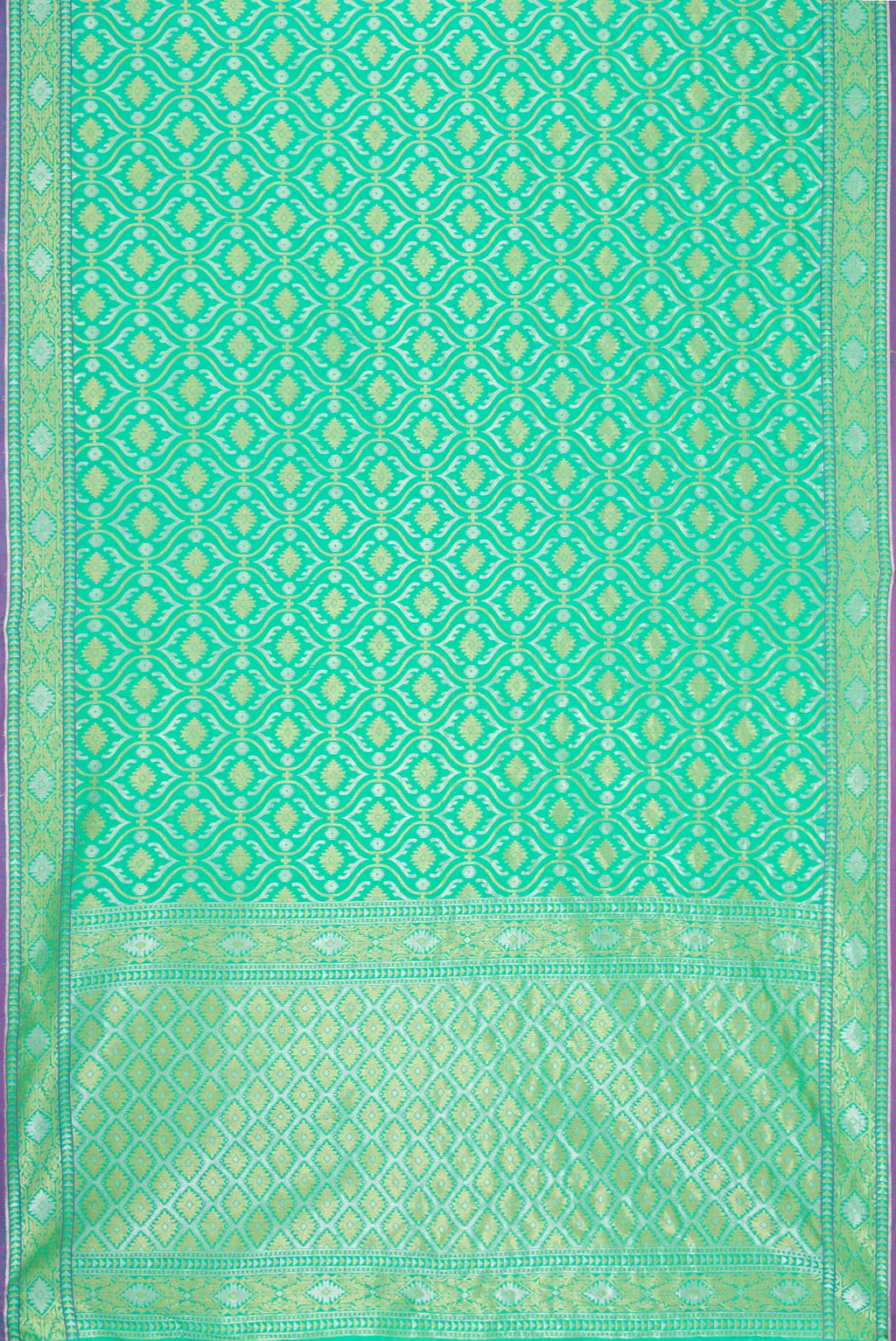 Flat view of Sea Green Dual Tone Blended Banarasi Silk Saree with Zari Brocade on the body and Zari Border. 