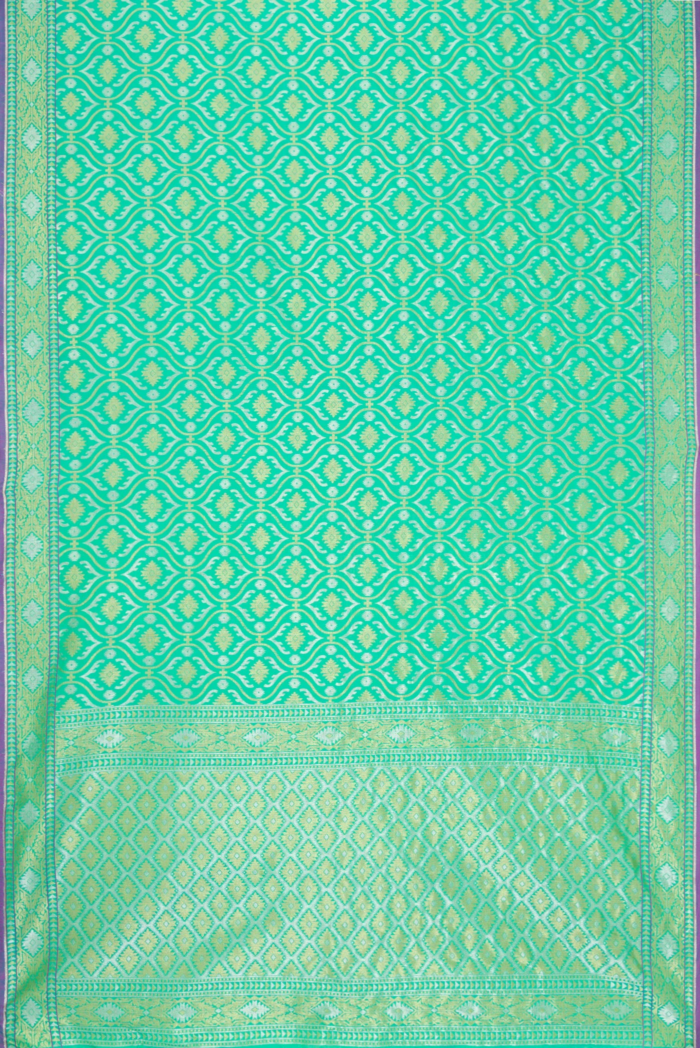 Flat view of Sea Green Dual Tone Blended Banarasi Silk Saree with Zari Brocade on the body and Zari Border. 