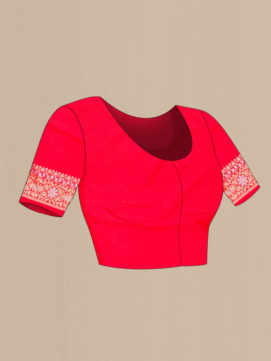 Close up image of the blouse of Red Dual Tone Blended Banarasi Silk Saree with Zari Brocade on the body and Zari Border. 