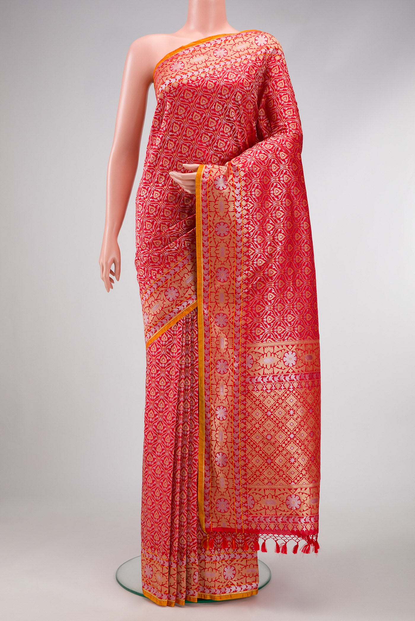 Red Dual Tone Blended Banarasi Silk Saree with Zari Brocade on the body and Zari Border.  displayed on a mannequin