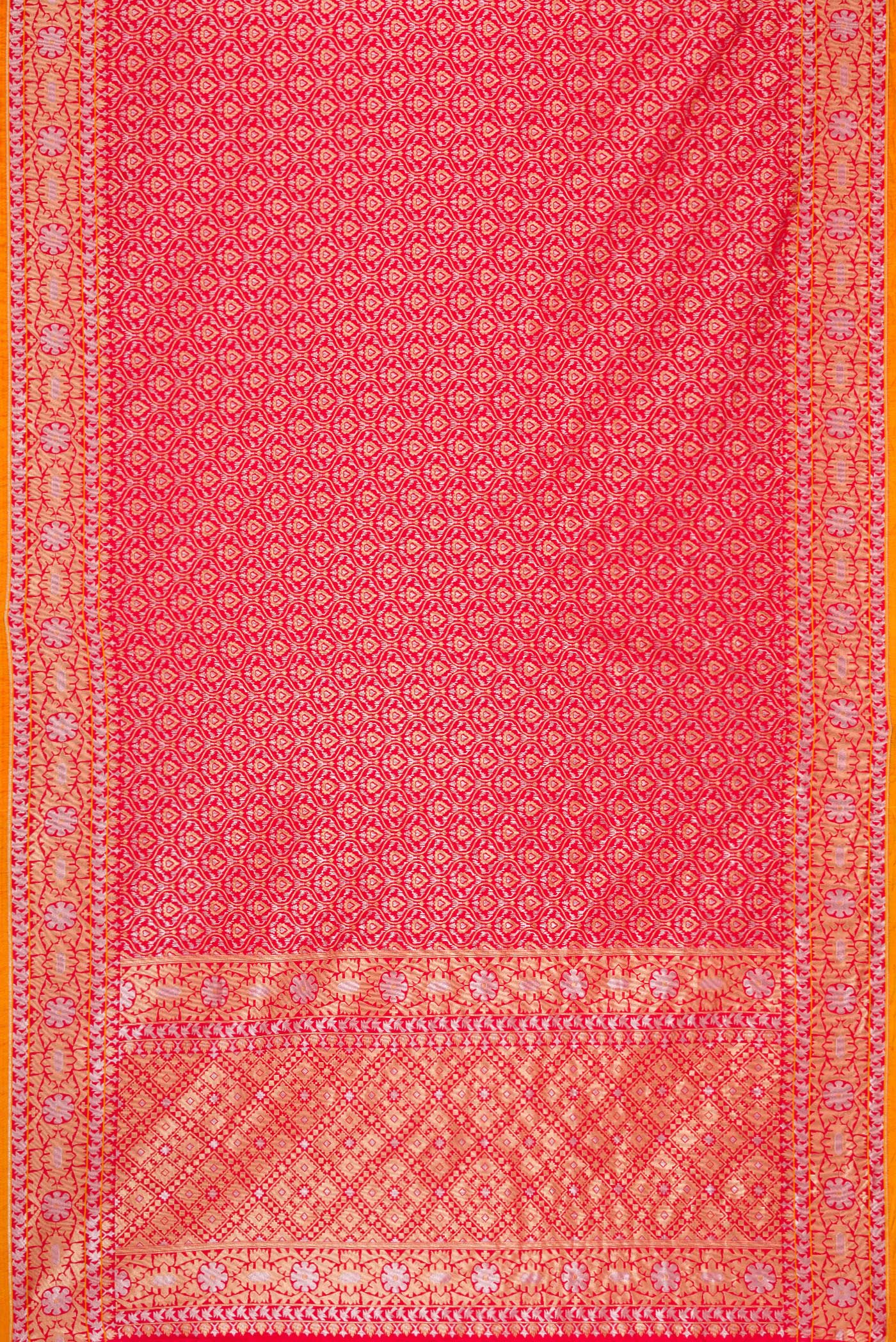 Flat view of Red Dual Tone Blended Banarasi Silk Saree with Zari Brocade on the body and Zari Border. 