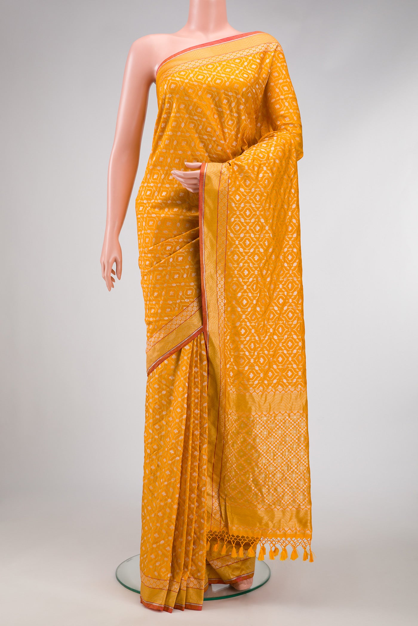 Yellow Dual Tone Blended Banarasi Silk Saree with Zari Brocade on the body and Zari Border.  displayed on a mannequin