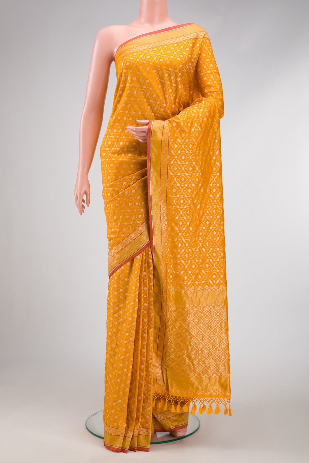 Yellow Dual Tone Blended Banarasi Silk Saree with Zari Brocade on the body and Zari Border.  displayed on a mannequin