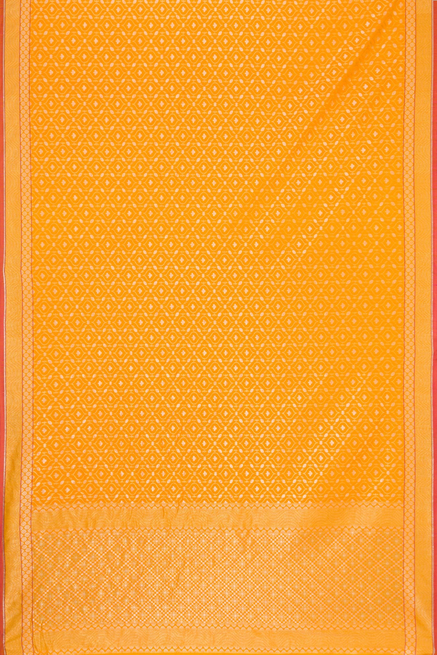 Flat view of Yellow Dual Tone Blended Banarasi Silk Saree with Zari Brocade on the body and Zari Border. 