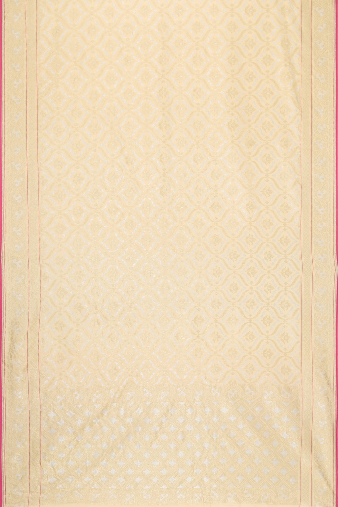 Flat view of Beige Dual Tone Blended Banarasi Silk Saree with Zari Brocade on the body and Zari Border. 