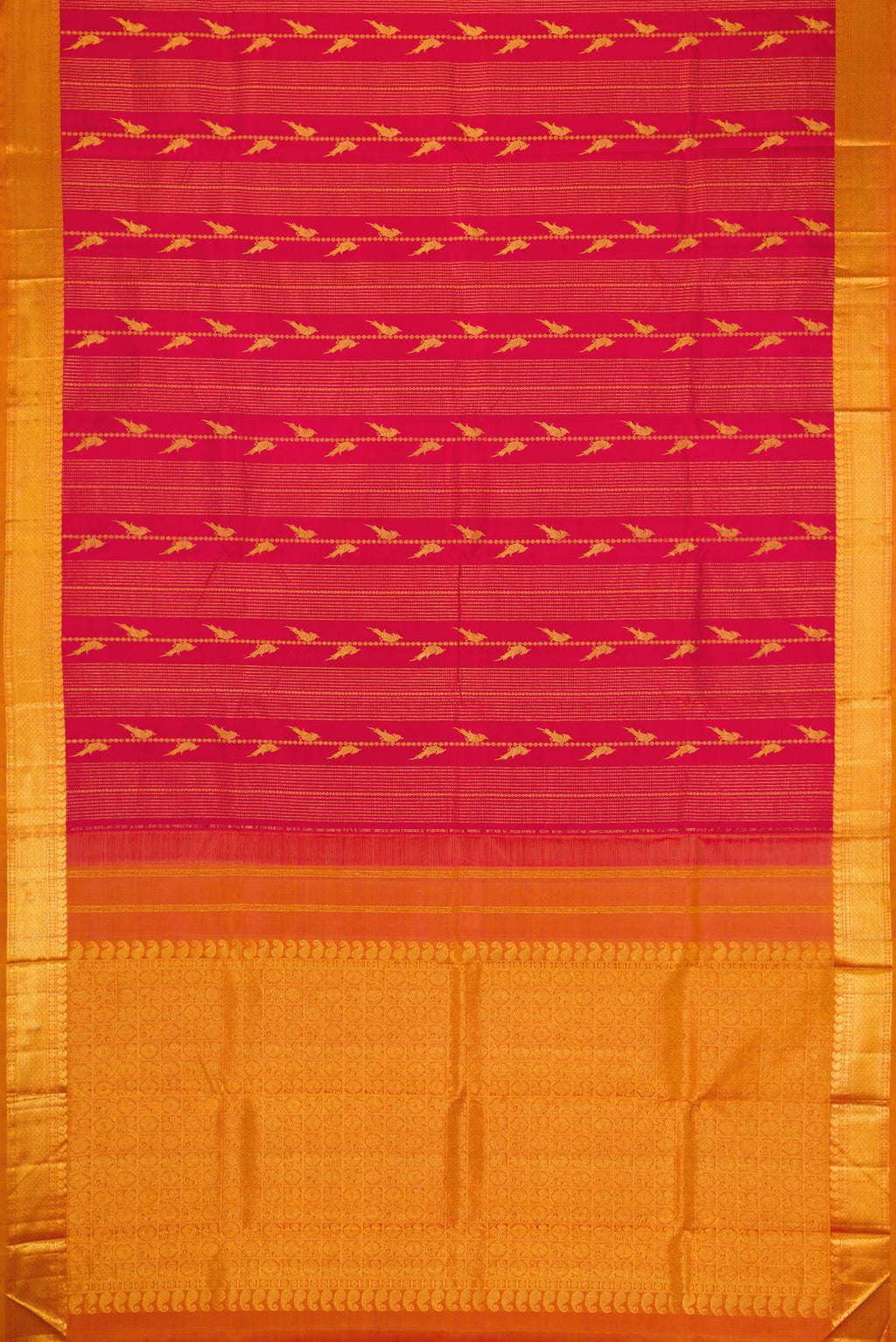 Flat view of Dark Pink Dual Tone Kanjivaram Silk Saree with Stripes on the body and Zari Border. 