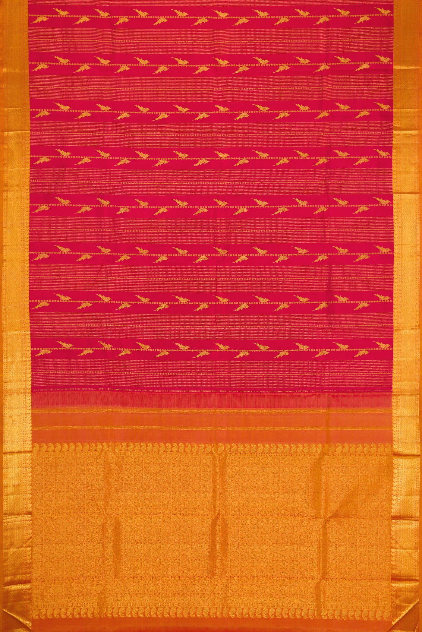 Flat view of Dark Pink Dual Tone Kanjivaram Silk Saree with Stripes on the body and Zari Border. 