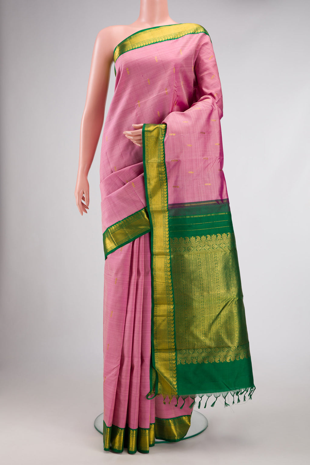 Pink Dual Tone Kanjivaram Silk Saree with Zari Butta on the body and Zari Border.  displayed on a mannequin