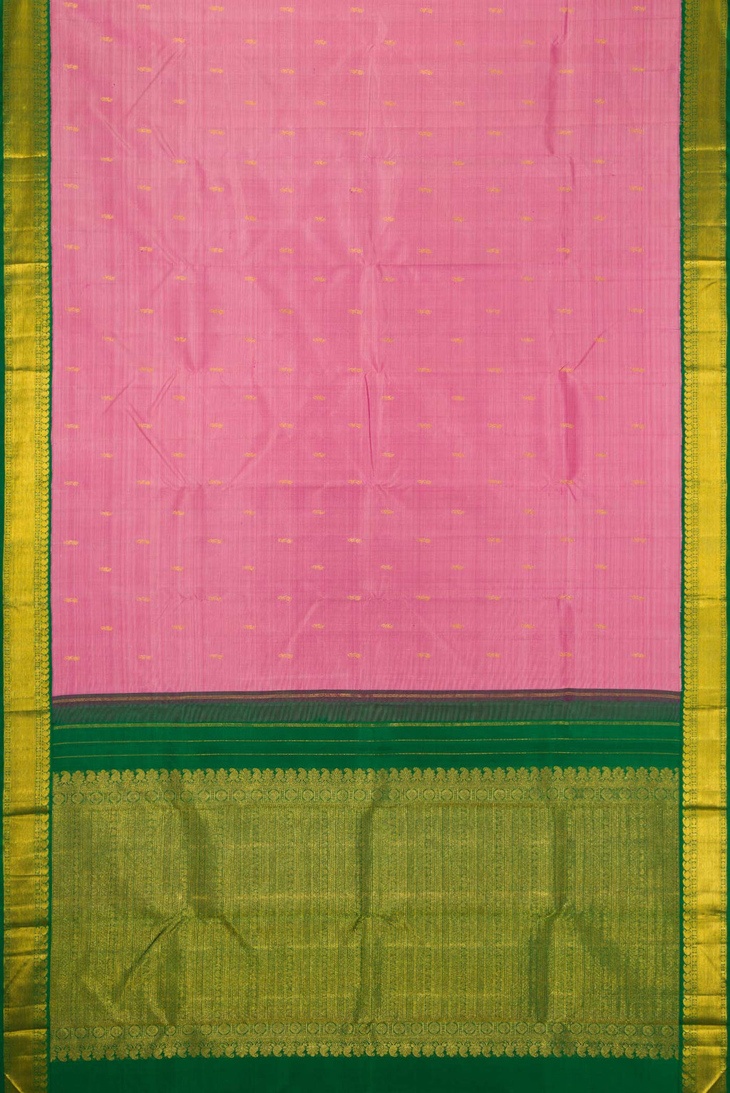 Flat view of Pink Dual Tone Kanjivaram Silk Saree with Zari Butta on the body and Zari Border. 
