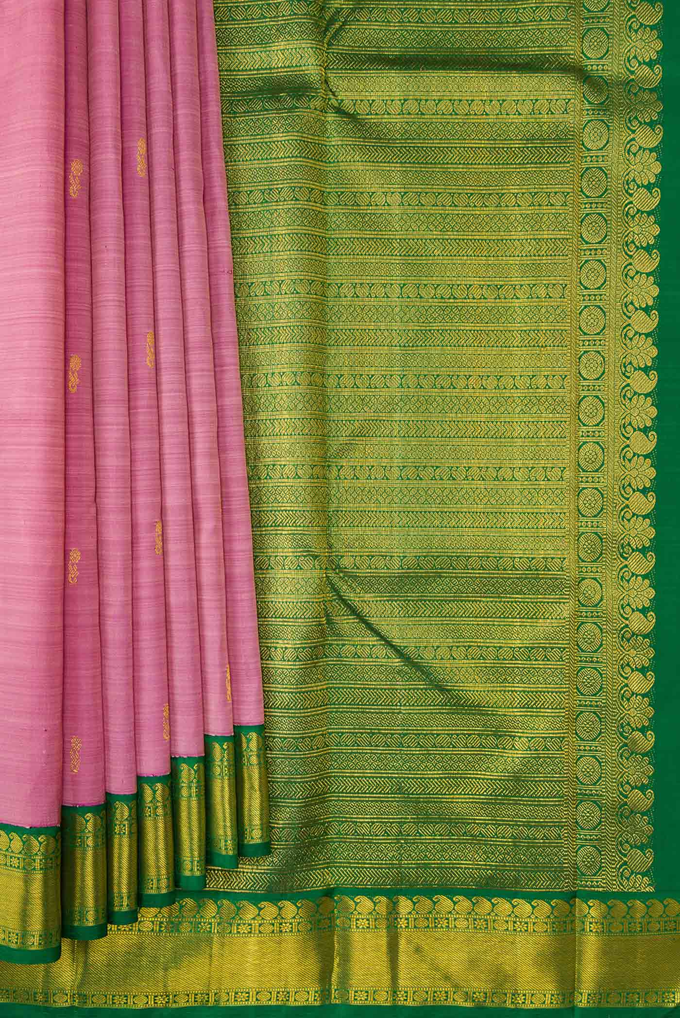 Pleats and pallu of Pink Dual Tone Kanjivaram Silk Saree with Zari Butta on the body and Zari Border. 