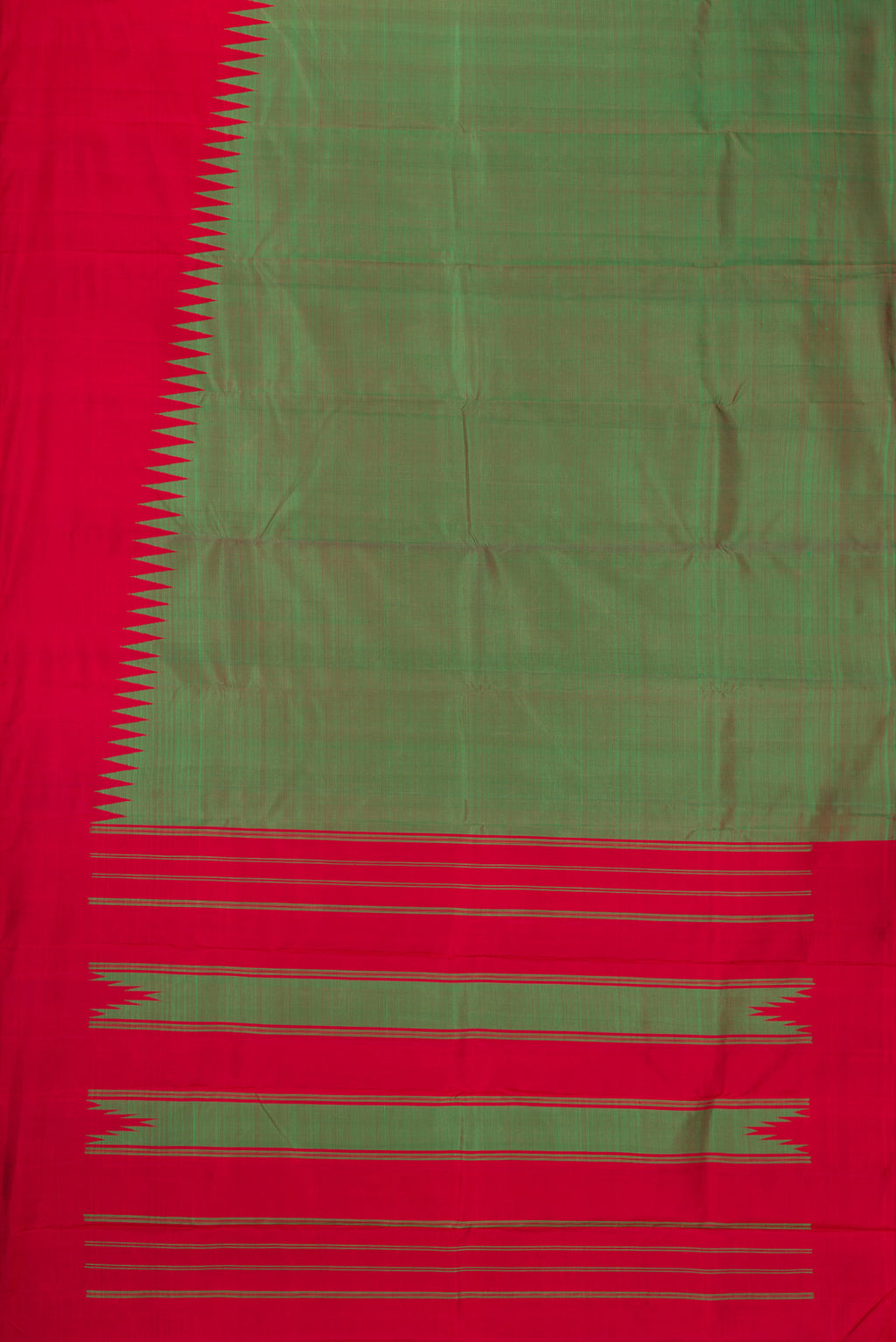 Flat view of Green Dual Tone Kanchipuram Silk Saree with Plain Body and Temple Border. 