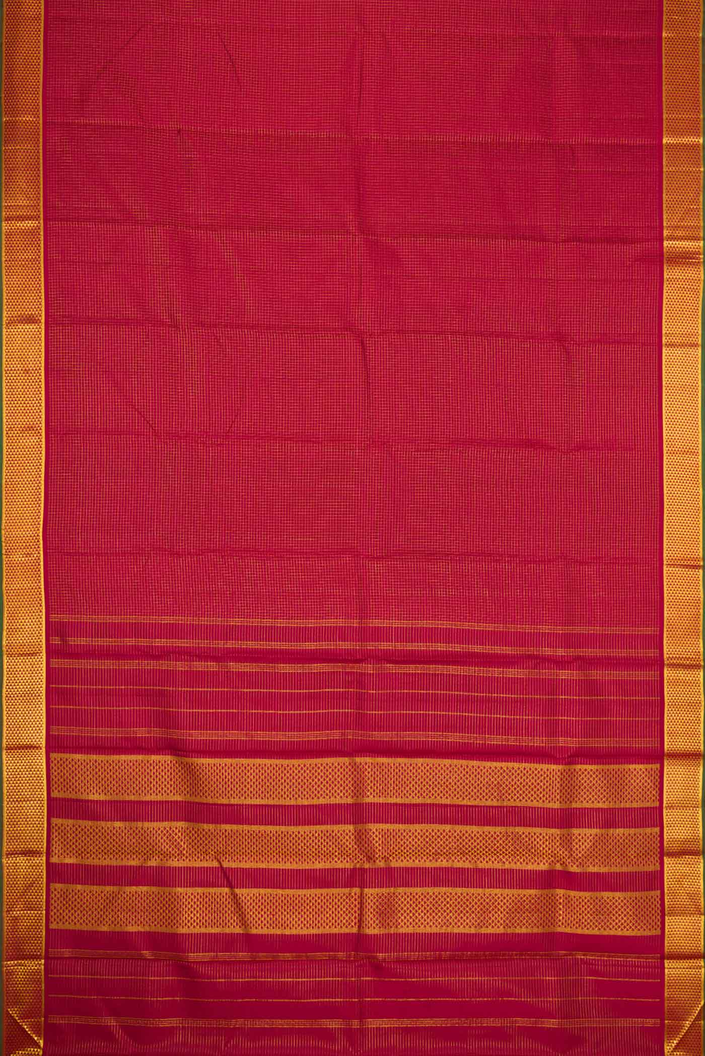 Flat view of Maroon Dual Tone Kanchipuram Silk Saree with Checked design on the body and Zari Border