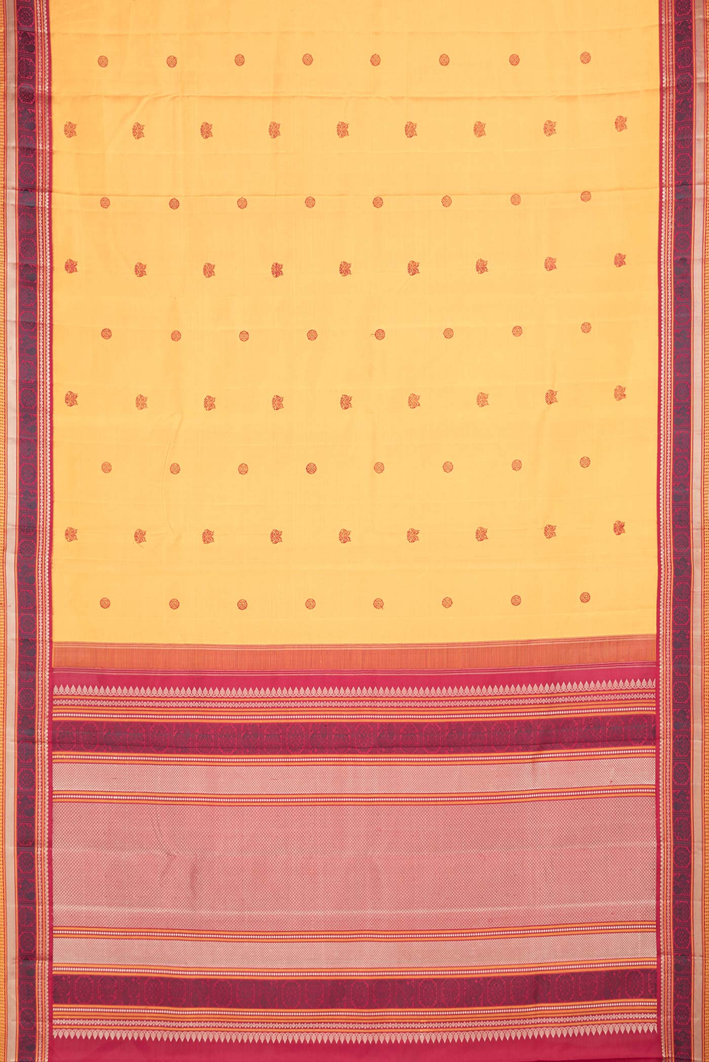 Flat view of Mustard Dual Tone Kanjivaram Saree with Thread Butta on the body and Thread Border. 