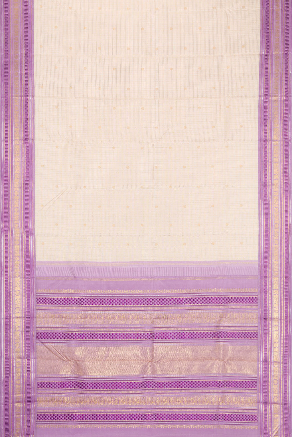 Flat view of Pure Silk Pure Zari Off White Kanjivaram Saree with Checked design on the body and Zari And Thread Border. 