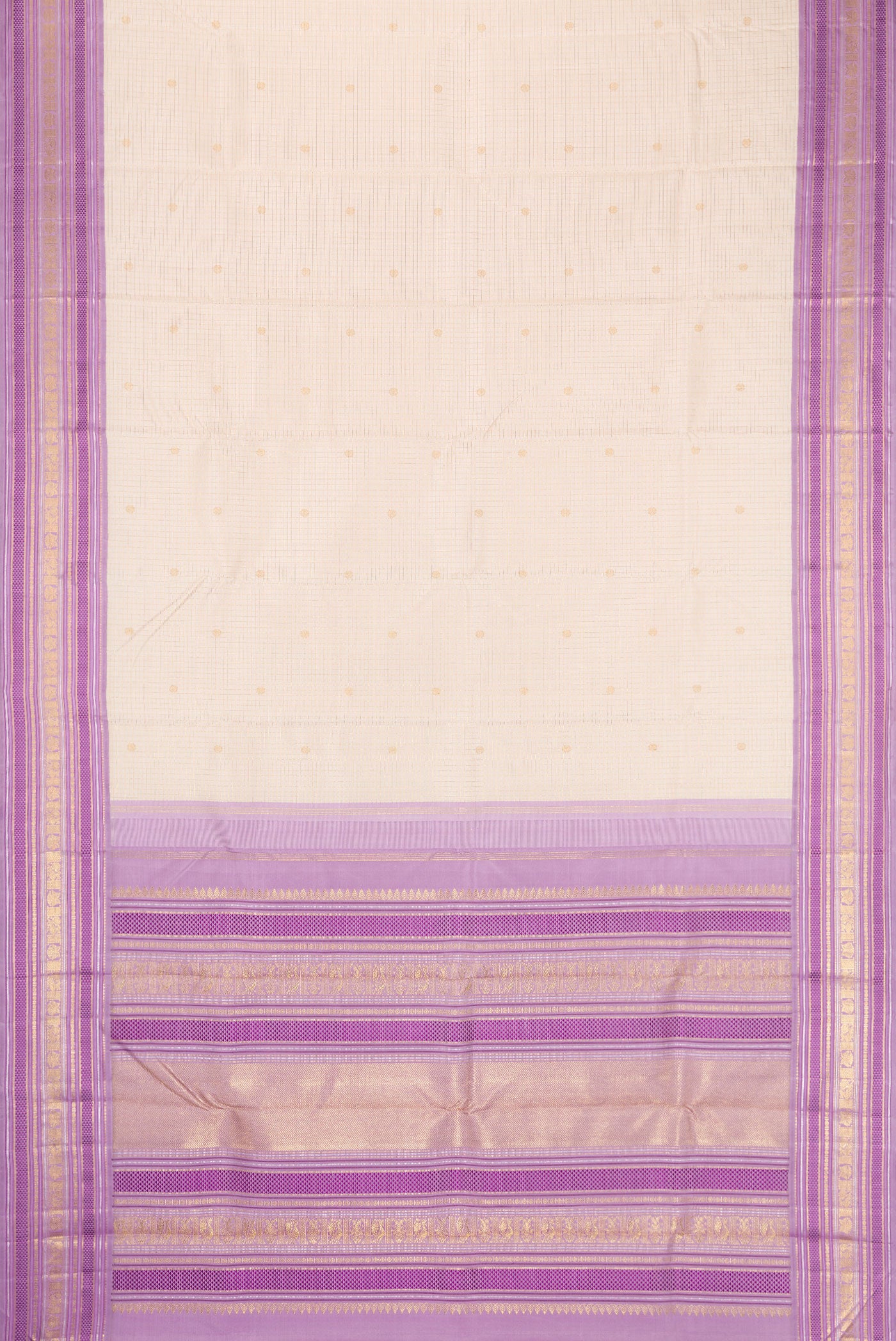 Flat view of Pure Silk Pure Zari Off White Kanjivaram Saree with Checked design on the body and Zari And Thread Border. 