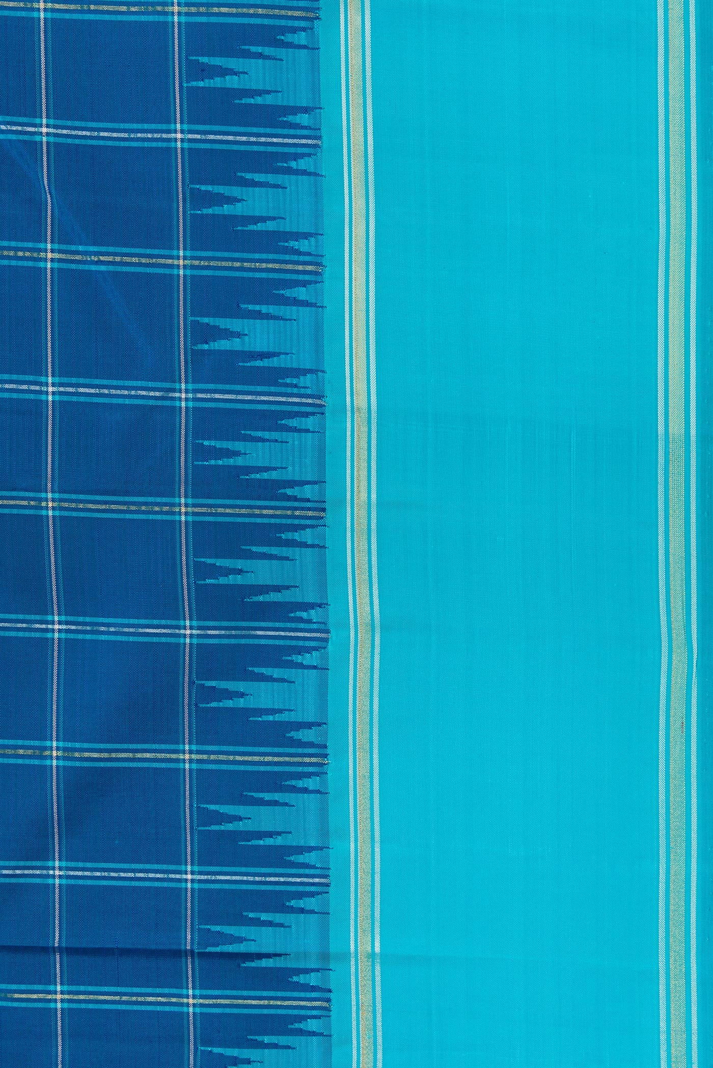 Border image of Pure Silk Pure Zari Peacock Blue Dual Tone Kanjivaram Saree with Checked design on the body and Zari Border. 