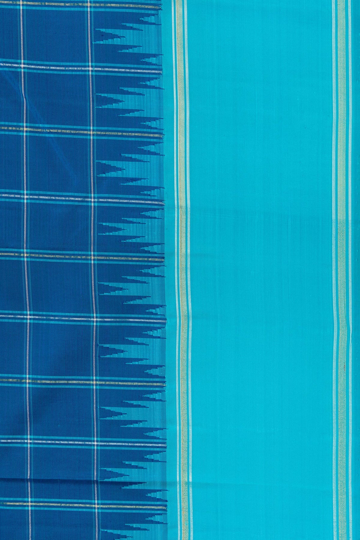 Border image of Pure Silk Pure Zari Peacock Blue Dual Tone Kanjivaram Saree with Checked design on the body and Zari Border. 