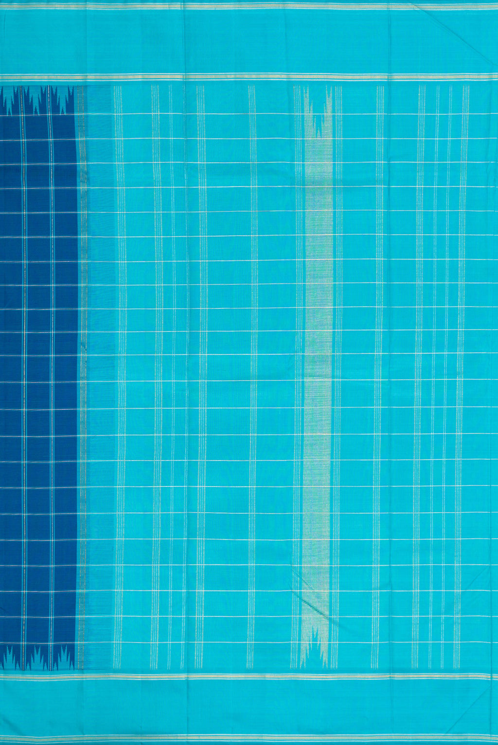 Close up image of the pallu of Pure Silk Pure Zari Peacock Blue Dual Tone Kanjivaram Saree with Checked design on the body and Zari Border. 