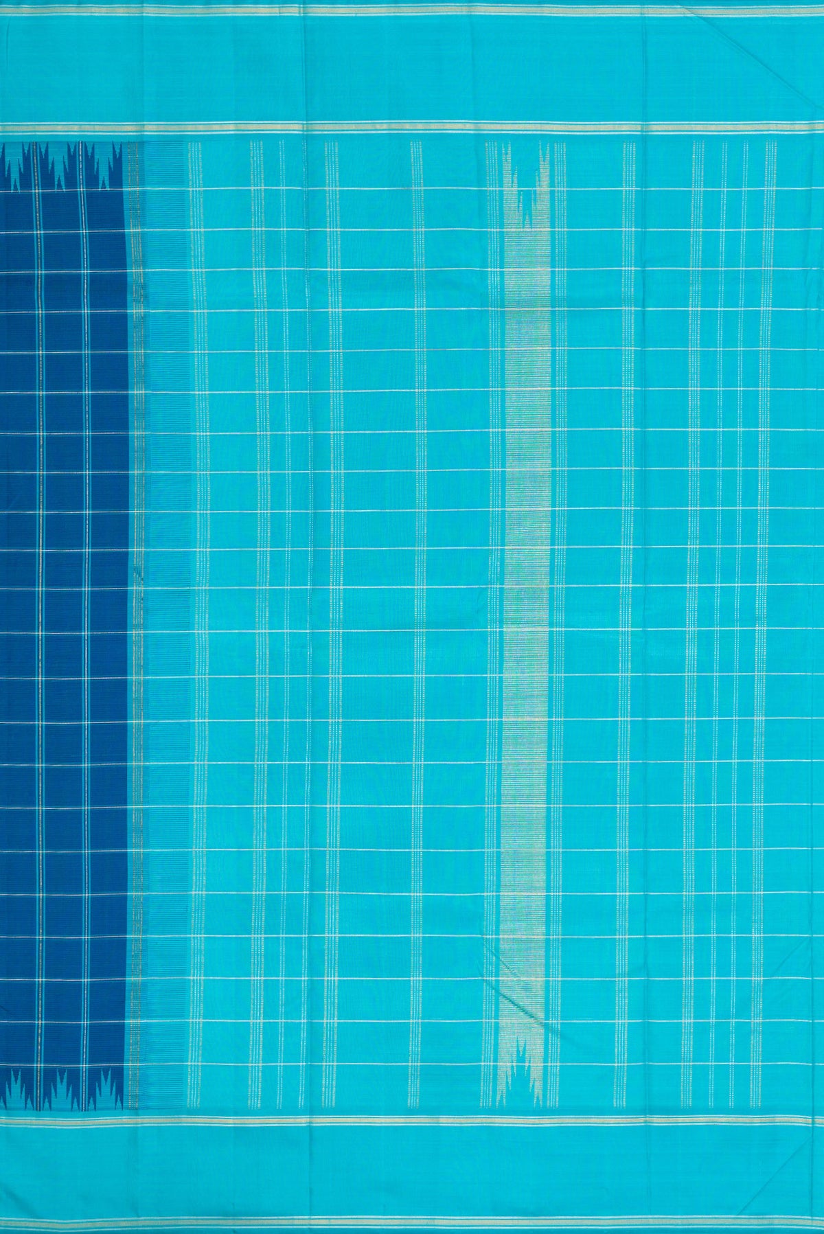 Close up image of the pallu of Pure Silk Pure Zari Peacock Blue Dual Tone Kanjivaram Saree with Checked design on the body and Zari Border. 
