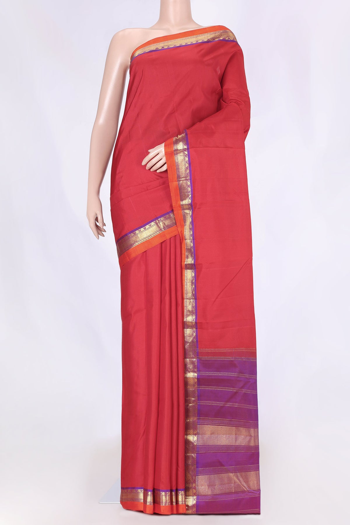 Red Dual Tone Kanchipuram Silk Saree with Plain Body and Zari Border displayed on a mannequin