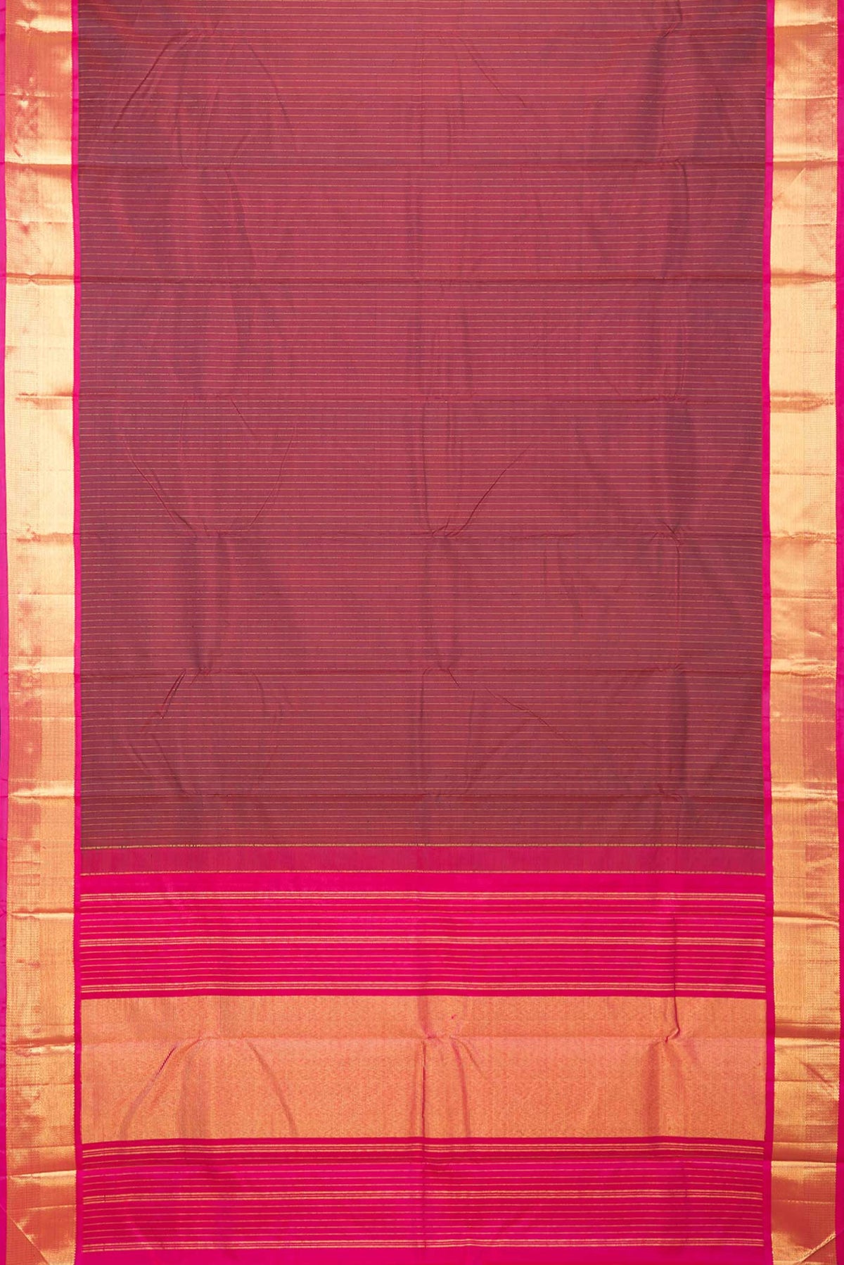 Flat view of Maroon Dual Tone Kanchipuram Silk Saree with Stripes on the body and Zari Border