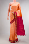 Pure Silk Pure Zari Golden Peach Dual Tone Kanjivaram Saree with Plain Body and One Side Border.  displayed on a mannequin