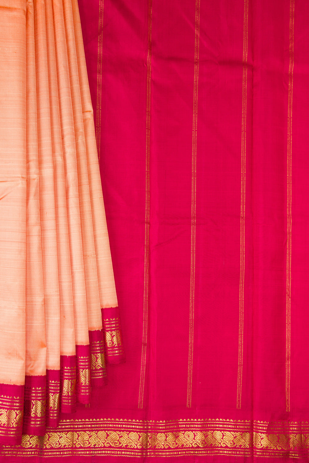 Pleats and pallu of Pure Silk Pure Zari Golden Peach Dual Tone Kanjivaram Saree with Plain Body and One Side Border. 