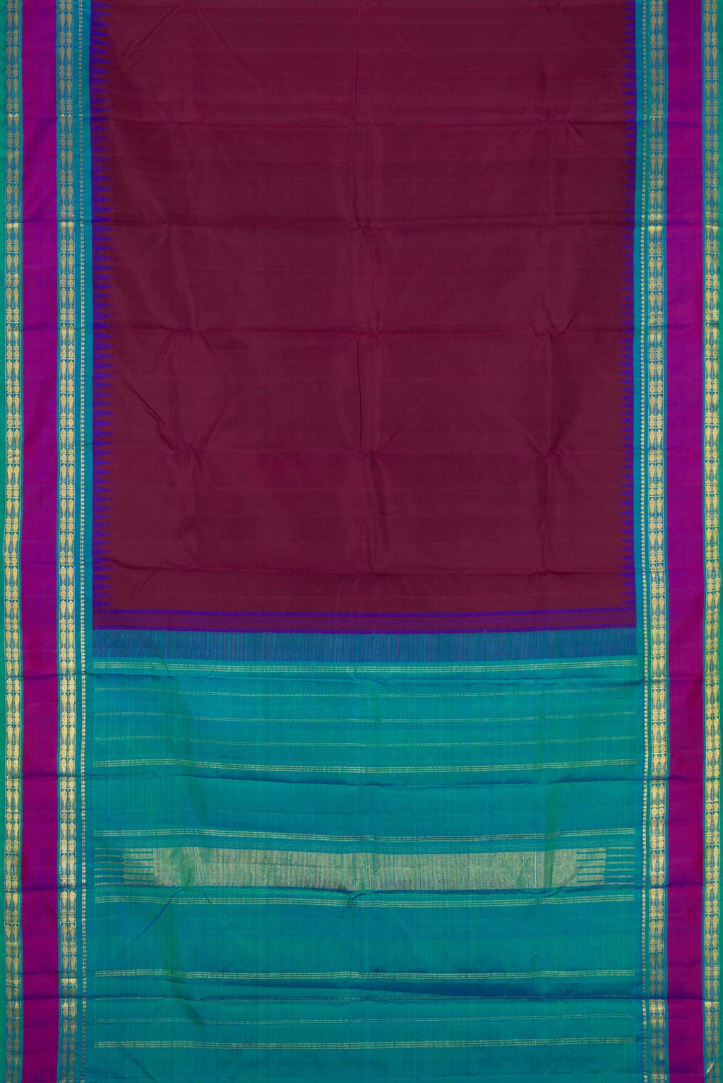 Flat view of Pure Silk Pure Zari Maroon Dual Tone Kanchipuram Saree with Plain Body and Zari Border