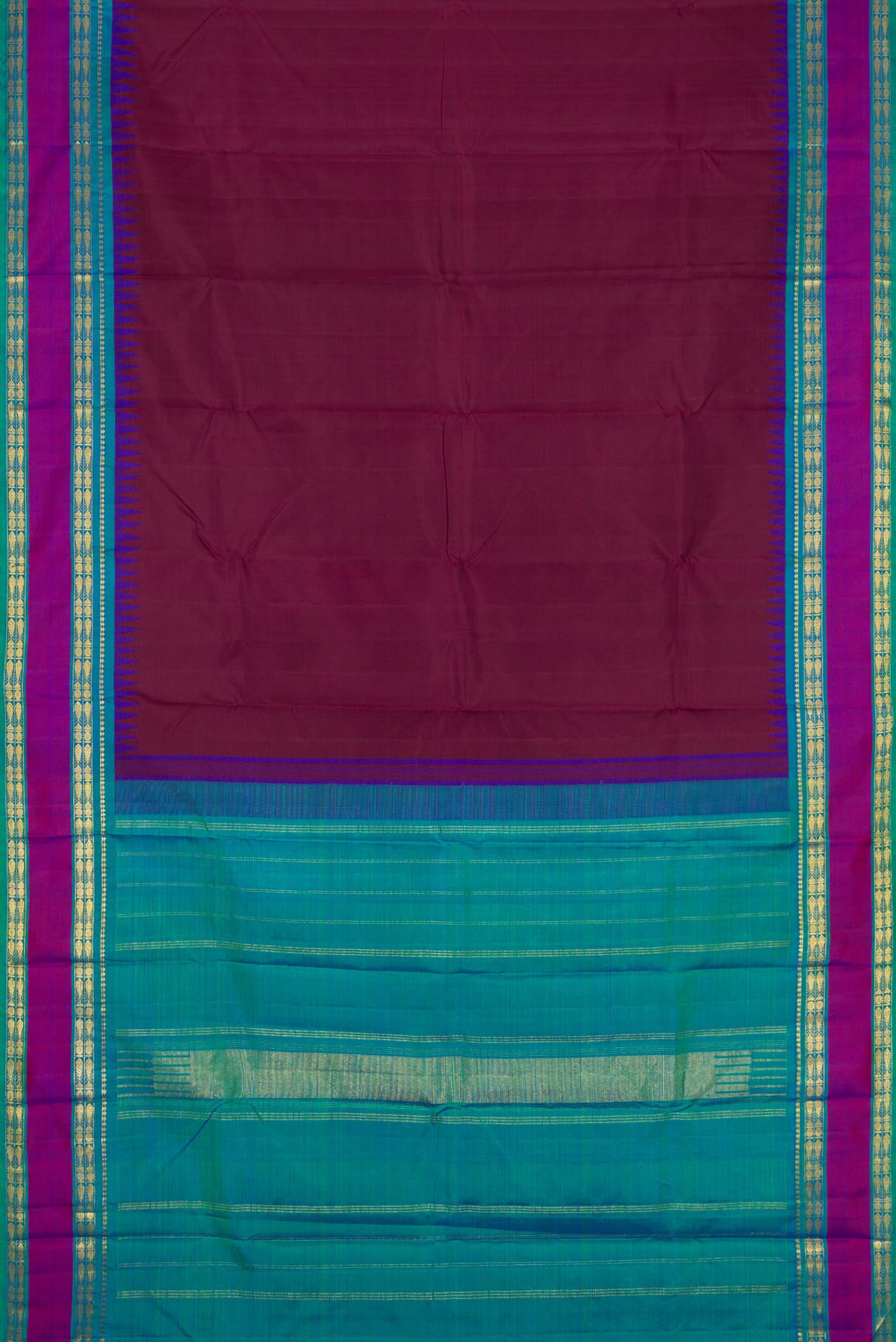 Flat view of Pure Silk Pure Zari Maroon Dual Tone Kanchipuram Saree with Plain Body and Zari Border