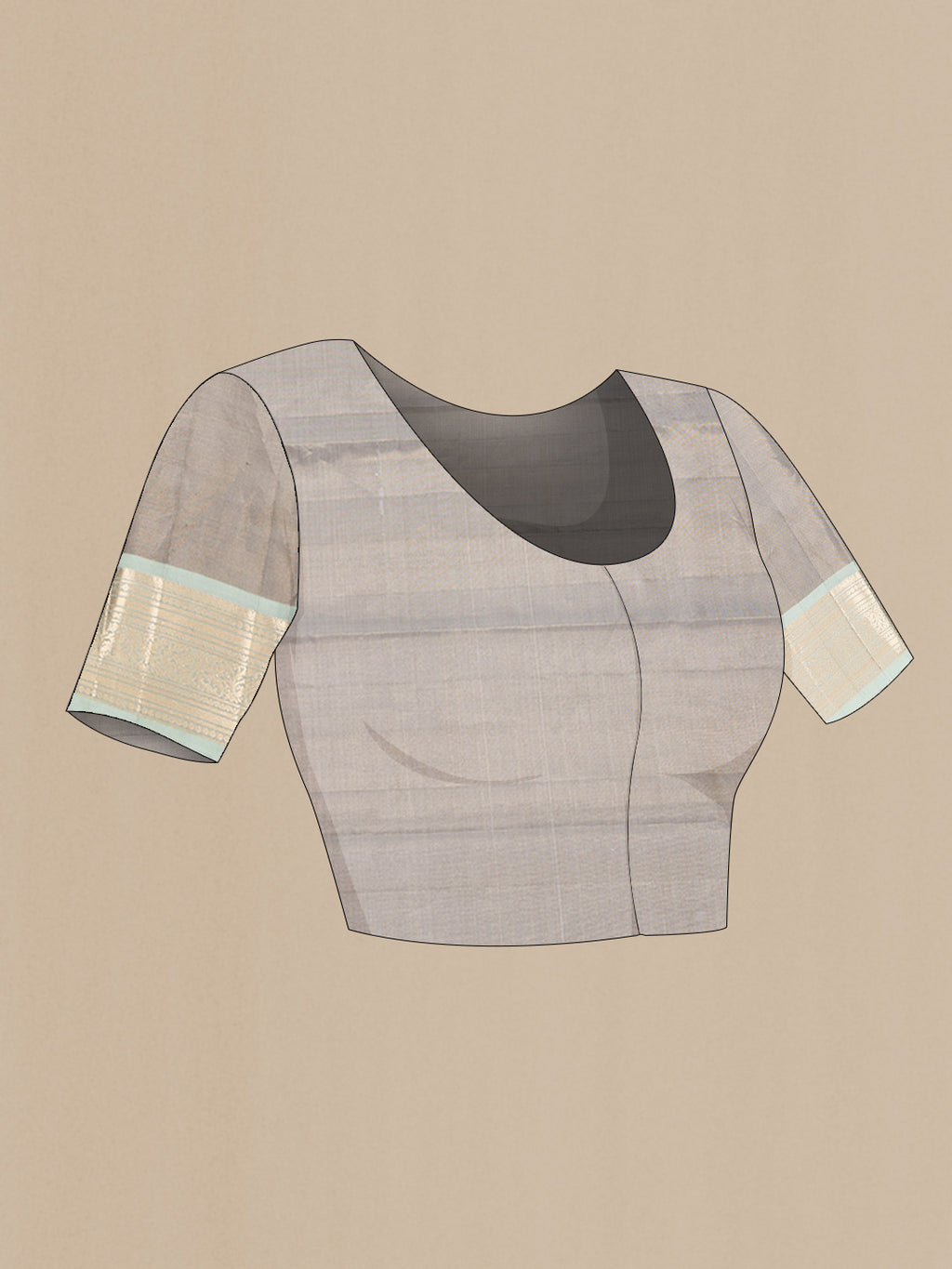 Close up image of the blouse of Grey Kanchipuram Silk Saree with Jacquard design on the body and Zari Border
