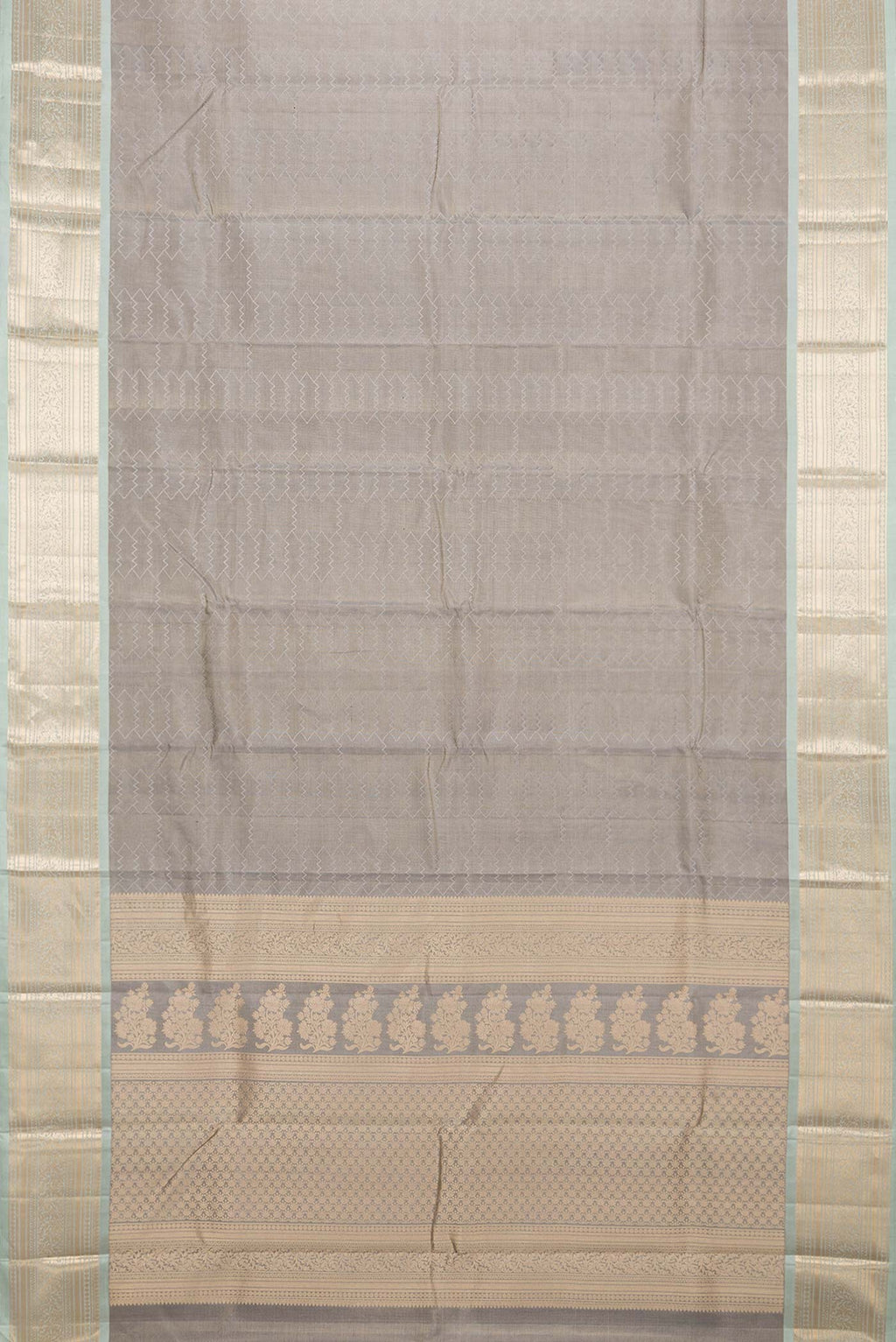 Flat view of Grey Kanchipuram Silk Saree with Jacquard design on the body and Zari Border