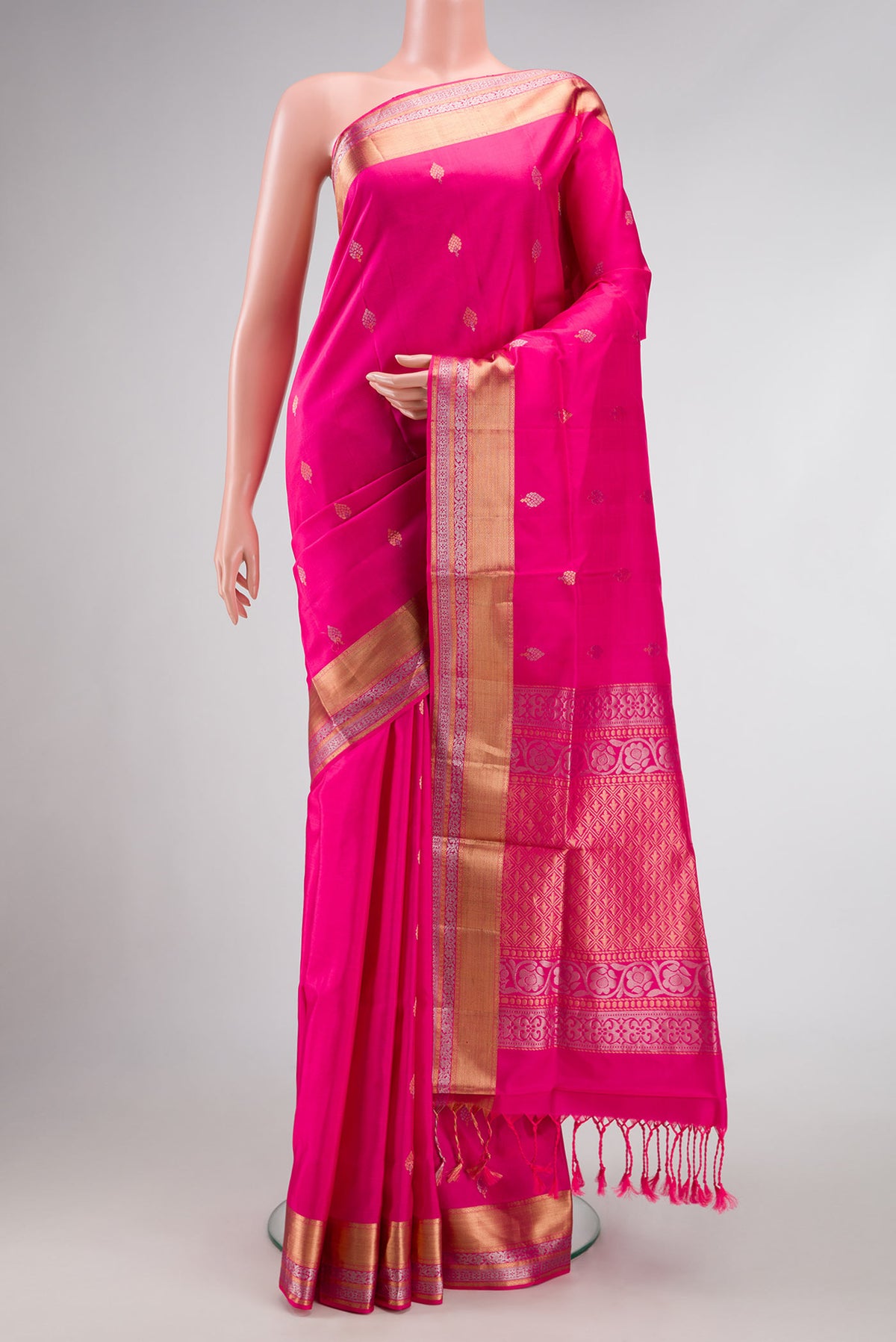 Pink Dual Tone Soft Silk Saree with Zari Butta on the body and Zari Border.  displayed on a mannequin