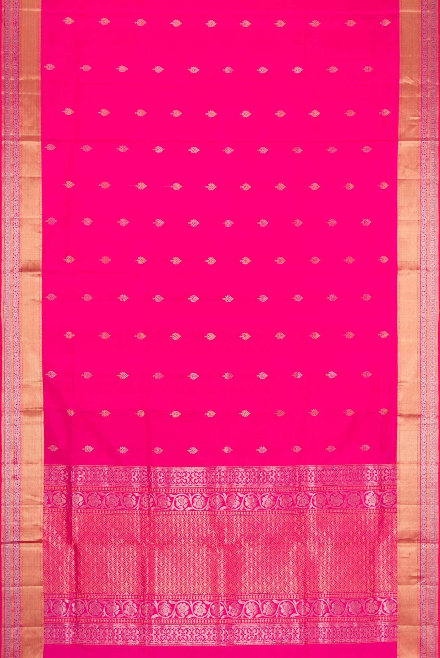 Flat view of Pink Dual Tone Soft Silk Saree with Zari Butta on the body and Zari Border. 
