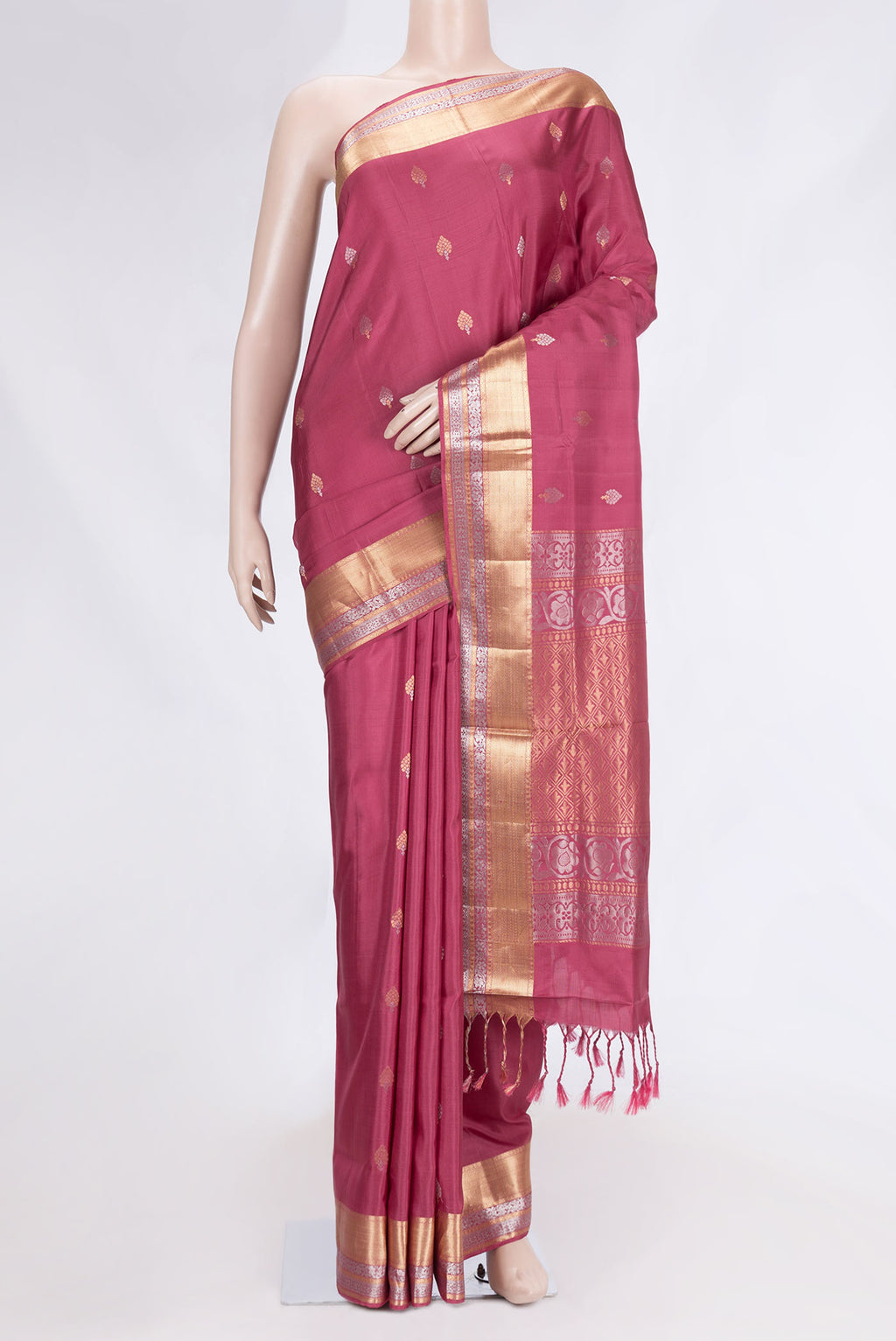 Dark Pink Dual Tone Soft Silk Saree with Zari Butta on the body and Zari Border.  displayed on a mannequin