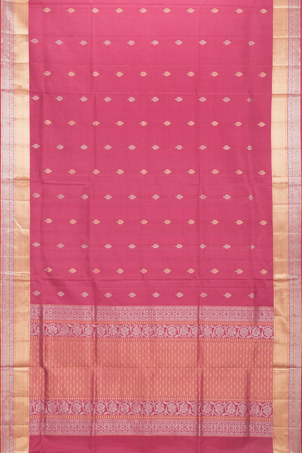 Flat view of Dark Pink Dual Tone Soft Silk Saree with Zari Butta on the body and Zari Border. 